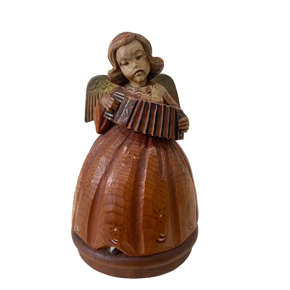 Handcrafted Wooden Swiss Angel Figurine Reuge musical box Santa Notte - Brown